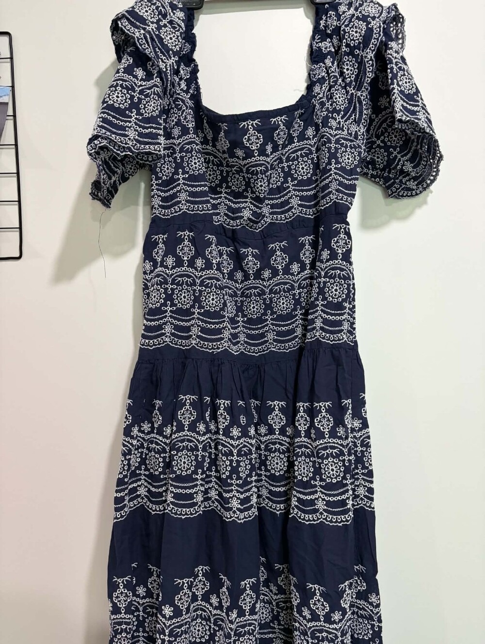 Joie Navy and White Embroidered Midi Dress